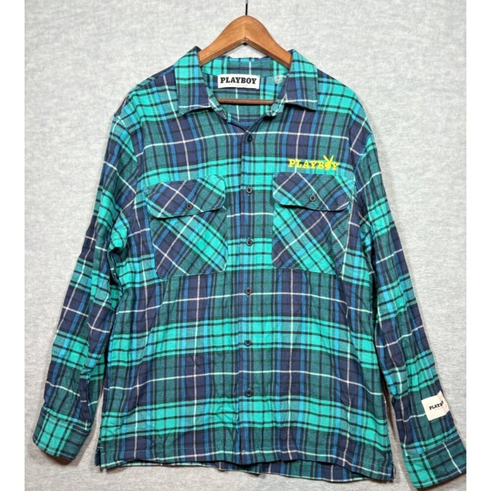 Playboy By PacSun Mens Shirt L Plaid Flannel 100% Cotton Green‎ & Blue